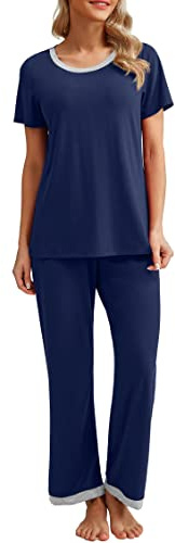 PrinStory - Set di pigiama da donna con maniche corte e pantaloni lunghi, biancheria da notte morbida con tasche, M