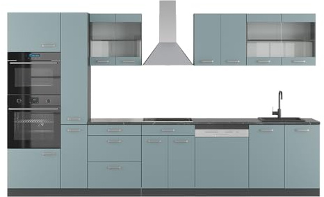 Vicco Küchenzeile R-Line, Blau-Grau/Anthrazit, 350 cm mit Hochschrank, ohne Arbeitsplatte, zur flexiblen Erweiterung durch zusätzliche Module geeignet