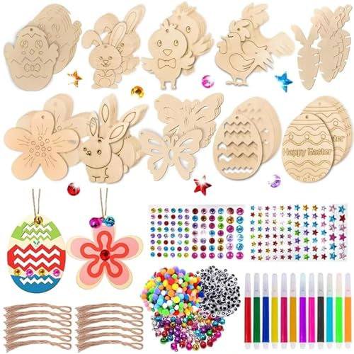 Royouzi 256 Stück Ostern Basteln Kinder Osterdeko Holz Holzanhänger Ostern Anhänger Holz Ostern Basteln DIY Anhänger Osterdeko Basteln Mit Aquarellstift,Strass,Deko Schnur, Augen Zum Basteln