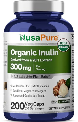 NusaPure Organic Inulin Capsules, 300 mg, 200 Veg Capsules (Non-GMO, Vegan, USDA)