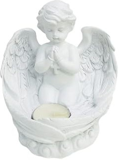 Photophore ange priant avec croix - Ange funéraire - 12,5 x 11,5 x 13 cm - Décoration pour fête de baptême - Décoration de Noël - Décoration funéraire