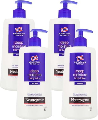 Neutrogena Norwegian Formula Deep Moisture Fast-Absorbing Body Lotion (4x 400ml), Non-Greasy Body Moisturiser for Dry Skin with 10% Glycerine and Pro-Ceramide Technology, 72-Hour Moisturisation