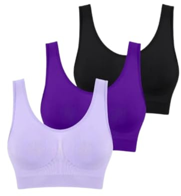 Boolavard 3-teiliges Set Nahtlose BHS für Damen Bügelloser Büstenhalter Crop Top Weiche Sport-Tank-BHS Damen Dessous Weste (DE/NL/SE/PL, Alphanumerisch, XL, Regular, Regular, Flieder Lila Schwarz)