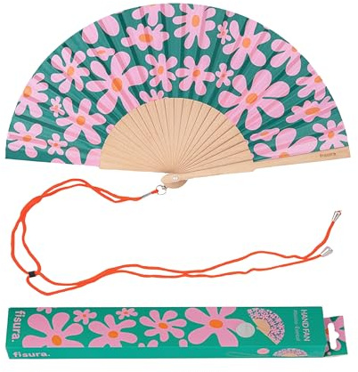 Fisura – Abanico original con estampado flores retro. Abanico de madera moderno y colorido. Ventilador de mano rosa y verde. Colgador incluido. Medidas: 42,5 x 23 cm