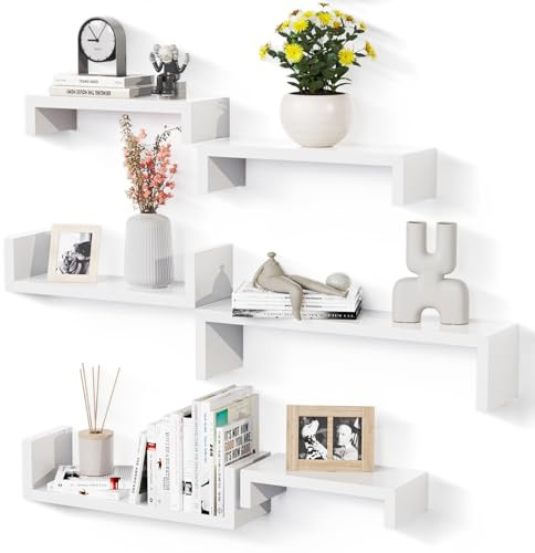 QILICZ Lot de 6 étagères murales flottantes blanches - Décoration murale moderne pour salon, salle de bain, chambre à coucher, bureau, cuisine
