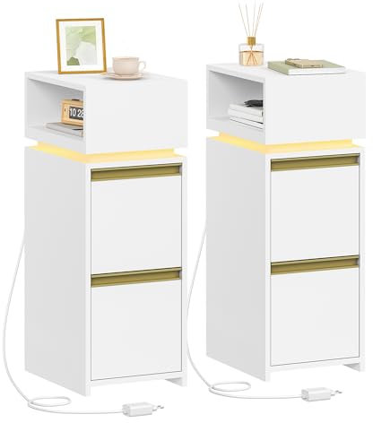 HEXCELEN Nachttisch 2er Set, Schmal, Beistelltisch mit 2 Schubladen und 1 Offenen Fach, Nachtschrank im Schlafzimmer, Beistelltisch, für Schlafzimmer, Wohnzimmer, Modern, Weiß