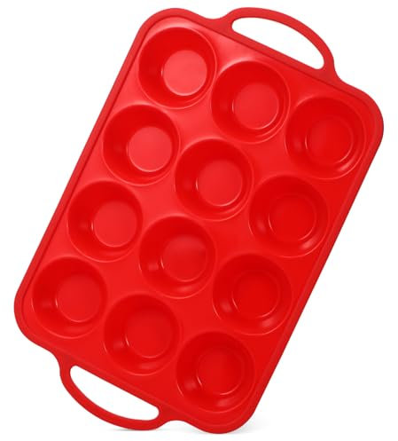 ABOOFAN Silicone Baking Mould 12 Cup Muffin Tray Non Stick Cake Pan with Handles for Cakes Tarts Brownies Easy Clean 14.8X9X1.8 Inch