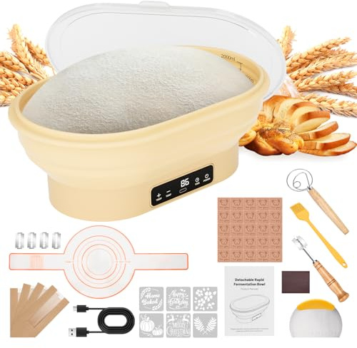 Set di cestini per lievitazione del pane a lievitazione naturale, ciotola termostatica elettrica in silicone per pastella, forniture per la cottura del pane a lievito naturale Banneton, ciotola ovale