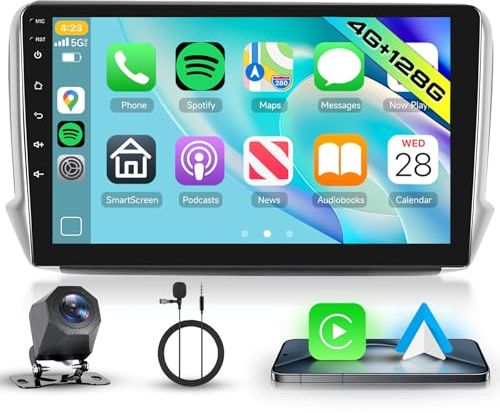 Hodozzy 4G+128G Android Autoradio per Peugeot 208/2008 2012-2018 con Carplay Wireless Android Auto, 10 Pollici InCell Touch Schermo 2 Din Autoradio con GPS Bluetooth DSP WiFi, Radio FM RDS, Telecamera