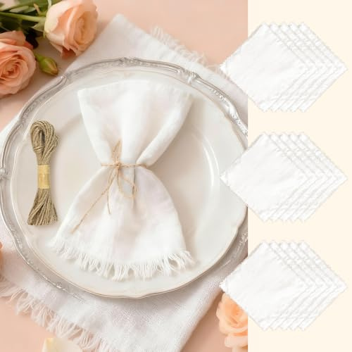 Servilletas de Tela, 15pcs Servilletas Algodon 42x42cm, Reutilizables Servilletas de Lino con Flecos, Lavables Servilletas de Lino y Algodón para Bodas, Cenas y Buffets, Cumpleaños, Blanco