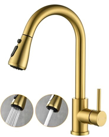 Baollansa vattenkran kök utdragbar, högtryck köksblandare med utdragbar dusch blandare kök med 3 funktioner 360° roterbar, kökskran två sprayfunktioner (guld)