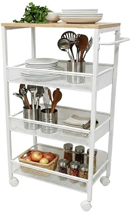 Relaxdays Carrello nicchia scaffale 4 Ripiani Ruote Misura 77x22x45 cm Naturale/Bianco