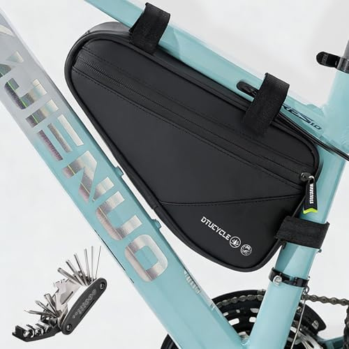 Fyfjur 2L Bolsa Bicicleta Cuadro, Cuero PU Triangular Bolsa para Bicicleta Impermeable con Multiherramienta 16 en 1, 2 Compartimentos, Bikepacking Regalos para Ciclistas