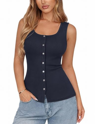 Aottori Womens Vest Top Scoop Neck Button Detail Ribbed Navy Blue S