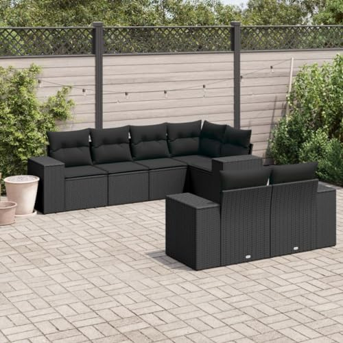 Frdhee Juego de muebles de salón para balcón, muebles de exterior, 7 piezas, conjunto de sofá de jardín con cojines de ratán negro de polirratán, grupo de asientos para jardín, terraza y balcón, fácil