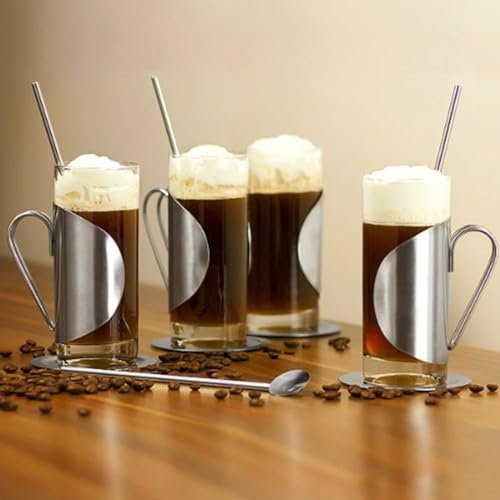 bar@drinkstuff Irish Coffee Glass Complete Gift Set with Set of 4 Glasses, Coasters & Spoon Stirrers Stainless Steel Irish Coffee Glasses 8.8oz / 250ml, Hot Chocolate Mugs