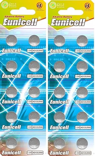 EUNICELL AG12 LR43 386A 1,5 V 100 mAh, 20 knappceller för klockor och räknare | 20 EUNICELL AG12 alkaliska batterier med 1,5 V och 100 mAh för klockor, miniräknare, leksaker.