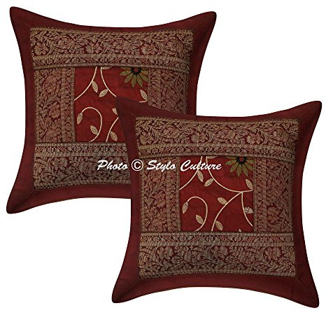 Stylo Culture Bohemio Fundas para Almohadones Decorativos 40x40 cm Polydupion Floral Fundas Cojines Sofa Granate 16x16 Inch Brocado Bordado Cuadrado sobre Funda Cojin Cama - 2 Pcs