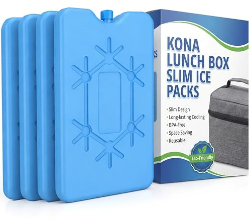 Kona 4 Pack Slim Ice Packs for Lunch Boxes & Coolers – Reusable, Quick Freeze, Space Saving Freezer Packs – Small Thin Cold Packs (Blue)
