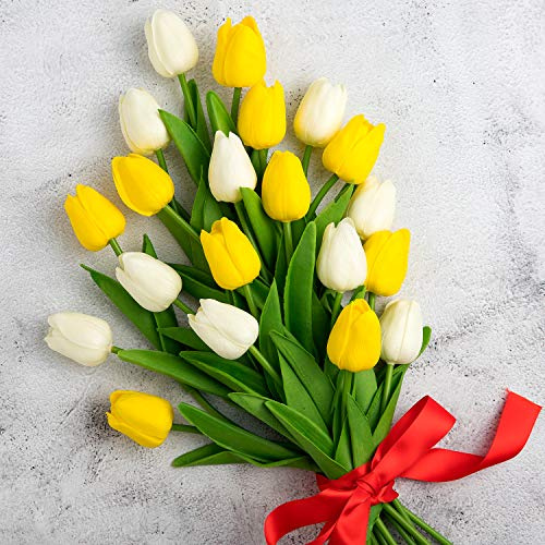 Whaline 20 st konstgjorda blommor falsk tulpanbukett äkta touch falsk tulpan latexmaterial för hem trädgård bröllopsfest blommig dekor (mjölkvit och gul)