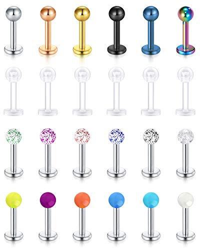 Rajnard 24Pcs Lippenpiercing 16G Chirurgischer Stahl Labret Ohrstecker Monroe Ring Piercing Schmuck für Frauen Männer Tragus Helix Ohrringe Hanteln 6mm