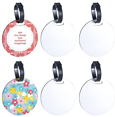 6pcs Sublimation Blanks Luggage Tags with Strap, 4 White Blank Backpack Travel Bag Baggage Tags Double Sided Round Name ID Card Label Tag Perfect to Quickly Spot Luggage Suitcase