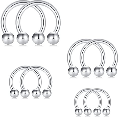 D.Bella 8PCS 16G Surgical Steel Nose Septum Horseshoe Hoop Earring Eyebrow Tragus Lip Piercing Ring Balls 6-12mm