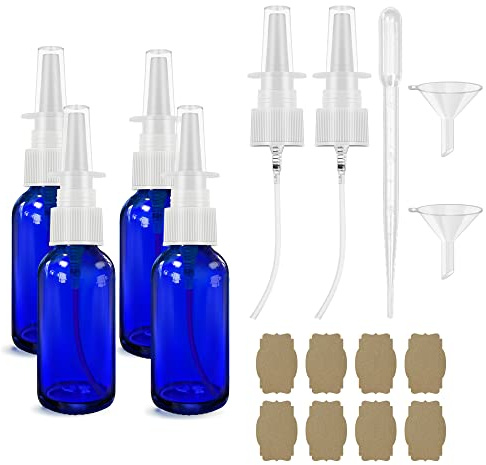 GIVAMEIHF Nasal Spray Bottle Spray Glass Bottles 4Pcs 1oz (30ml) with Press Spray Head Refillable Portable Fine Mist, funnel, dropper,label, empty nose spray glass bottle blue nasal spray bottle