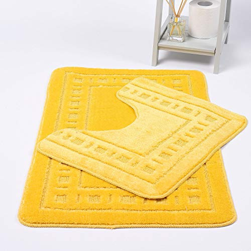 Ethel May Bath Mat & Pedestal Mat Diem 2 Piece Sets Bathroom Mats Shower U-Shaped Contour Toilet Mat Plush Non-slip Antibacterial Rubber Back Rugs (Yellow)