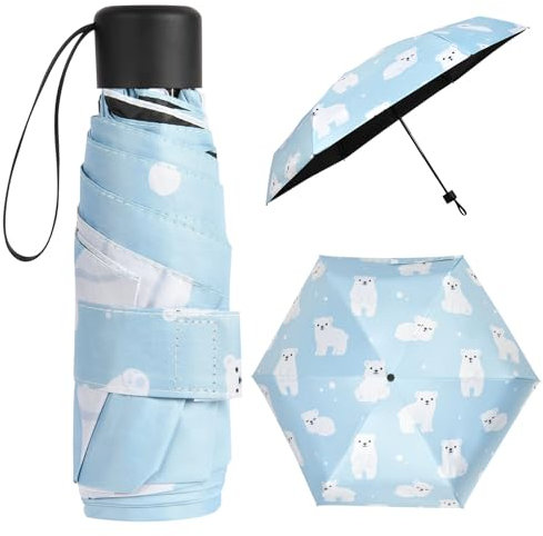 Vicloon Taschenschirm Ultraleicht, Mini Umbrella mit 6 Edelstahl Rippen, Kompakt, Faltender UV-Regenschirm für Erwachsene und Kinder, Leicht Kompakt, Stetig, Eisbär Muster, 220g