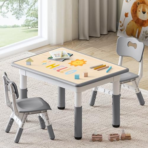 GITAWUSA Kids Study Table and Chairs Set, Height Adjustable Toddler Table and Chair Set for Kids Ages 3-8, 31.5 L x 23.6 W Graffiti Desktop Plastic Children Art Table with 2 Seats, Grey