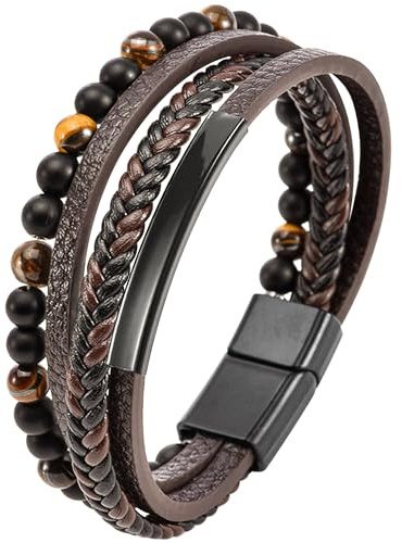 Mochity Bracelet Cuir Homme, 21 cm Bracelet Cuir Perle Marron Noir Bleu Pour Homme Papa, Bracelets Acier Hommes, Bracelets Tressé Hommes Bijoux Cadeau (Marron)