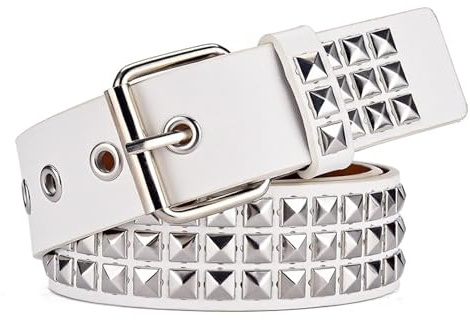 SNCEAW Studded Belt, Metal Punk Rock Rivet Belts with Bright Pyramid Studded for Women Men (White Studded, Fit Pant 31-36 Inch)