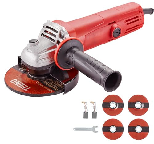 TEENO Meuleuse D'angle 125mm 1000W, Meuleuses D'angle 12000 trs/min, Disqueuse à Ébarber/à Tronçonner:125 mm 4 pièces, Coupe et le Meulage du Métal,Carter de Protection et Poignée,Grinder