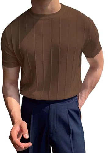 PODOLIXIA Jersey de verano de manga corta para hombre, cuello redondo, manga corta, punto fino, sudadera, hombre, verano, prendas de punto, marrón, XXL