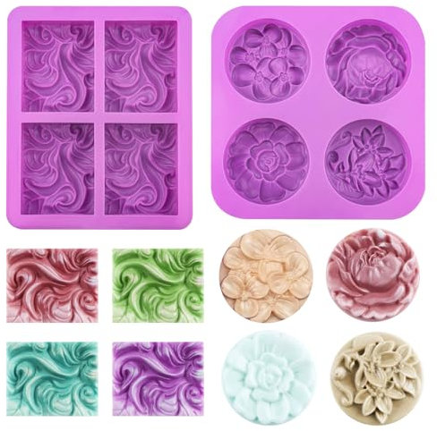Luckwaii Seifen Silikonform Blumen Seifen Selber Machen Set, 2 Stück Seifenformen Silikon 4 Hohlraum Seifen Formen zum Gießen, Seifengießen Set Wellig Rechteckig & Blumen Rund für Seife DIY Formen