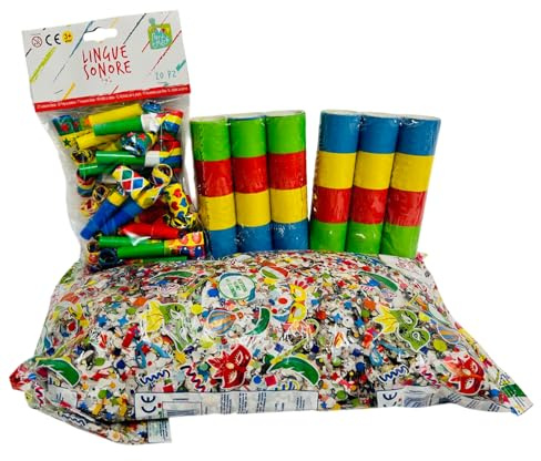 Set Carnevale 1 Busta Coriandoli 400gr + 6 Rotoli Stelle Filanti di Carta + 20 Trombette Fischietto Lingue Sonore Kit Coriandoli di Carnevale Festa Party Stelle Filanti Colorate Lingue di Suocera