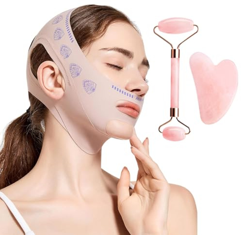 LKJAUOZ Doppio Mento Maschera Viso Snellente,Maschere Riutilizzabili a V,Fascia per il lifting del viso per il dimagrimento,per il viso Per Facciale a forma di V,con Gua Sha e Rullo per il Viso