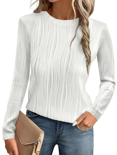 Gemulate Long Sleeve Tops Women Dressy Casual Ladies Blouses T-Shirts | Crewneck Trendy Basic Loose Textured Blouses Outfits