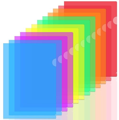 Dossiers en plastique transparent A4,12PCS Pochette Plastique A4,Pochette Document 6 Couleurs Vives Transparent Plastique Sous Chemises Rigide pour Ranger et Classer Papiers, Documents.