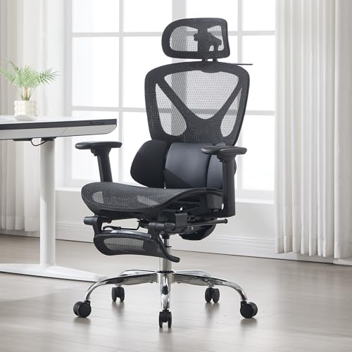 DAYALANE Silla de oficina ergonómica con reposacabezas ajustable, soporte lumbar, reposabrazos abatible, reposapiés giratorio, silla de computadora para el hogar, estudio, trabajo, color negro