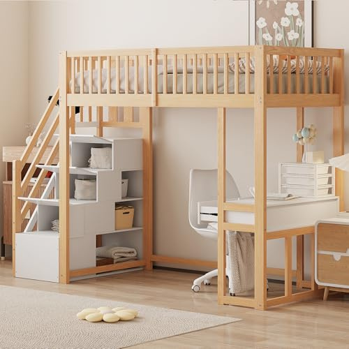 YuQozii Cama alta con mesa multifunción, 90 x 200 cm, escalera de almacenamiento segura, estructura de madera de pino maciza, para niños y jóvenes (blanco y natural)
