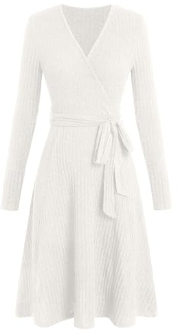 Dyhxuan Robe pull pour femme - Col en V - Robe en tricot - Automne - Hiver - Couleur unie - Pull avec ceinture - Manches longues - Robe d'hiver décontractée - Robe d'automne - Ligne A - Robe tunique