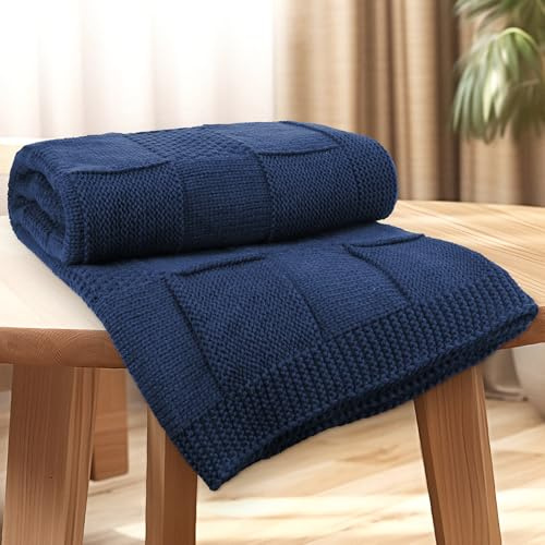 RWFMO Navy Blue Knit Throw Blanket, 127 x 152 cm Soft Acrylic Sofa Throw, Lightweight Checkered Knit Throw for Couch Bed Living Room, Machine Washable