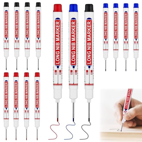 NIYATA Marqueurs Trou Profond,20mm,15 Pièces,5 Noirs,5 Rouges,5 Bleus | Marquages Difficiles d'Accès,Marqueur Charpentier à Pointe Fine , Feutres Indélébiles pour Bois Métal Béton Plastique