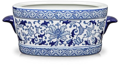 Briful 10.6 Large Blue and White Ceramic Pot - Vintage Planter Floral Oval Cachepot Vase for Indoor Plants, Flowers & Succulents - Glazed Chinese Porcelain Style Decorative Plant Pot - No Drainage