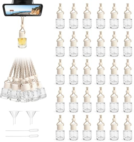 EXLECO 30 st bilparfym, flaska, tom, 8 ml, bildoft, för självfyllning, påfyllningsbar bil-luftfräschare parfymflaska, bil, eterisk olja, diffuser, hänge, glas för hem, kontor, parfym, dekoration, rund