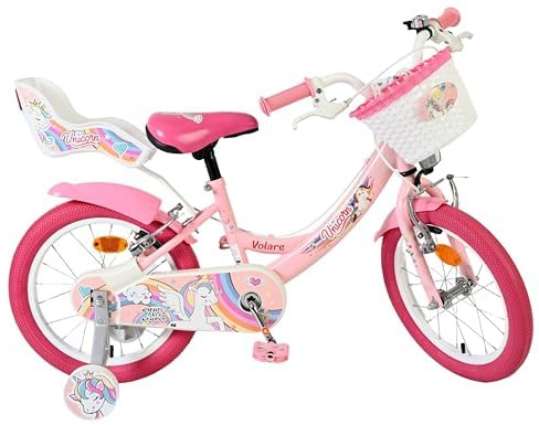 Volare Unicorn Pink Kids Bike | Age 4-6 | 16 Inch Wheel | 2 Handbrakes (Front & Back Wheel), Removable Stabilisers | Adjustable Saddle | Rear Doll Seat & Front Basket | Gift for Girls