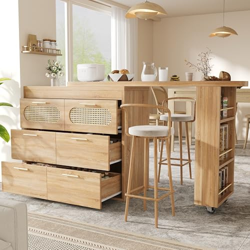 DUlVBPE Barbord med 6 lådor och PE rotting dörrar, 360° vridbart ståbord med tippskydd, gott om förvaringsutrymme, metallhandtag, bistrobord för vardagsrum, kök, matsal, arbetsområde