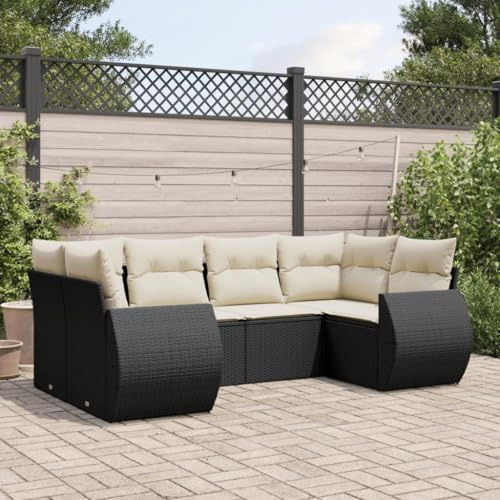 GeenYuu Salon de Jardin 6 pièces Noir résine tressée avec Coussins Amovibles modulable pour terrasse Balcon Patio extérieur, Structure Acier, Banquette d'angle, siège Milieu avec accoudoirs